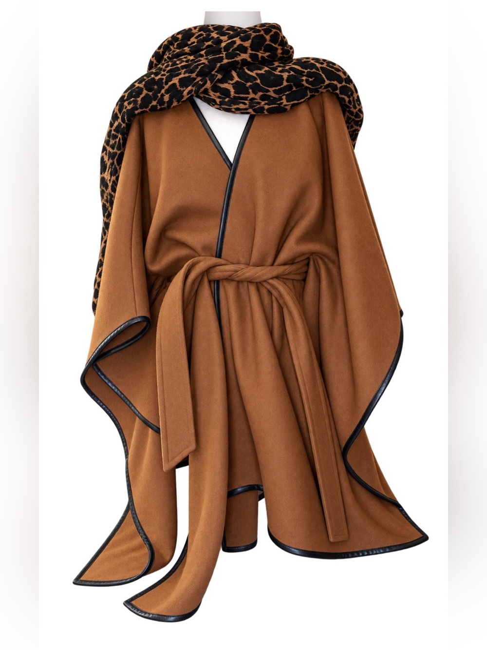 Ann Taylor Brown Belted Wool Cape Ppncho Coat with Leopard Scarf